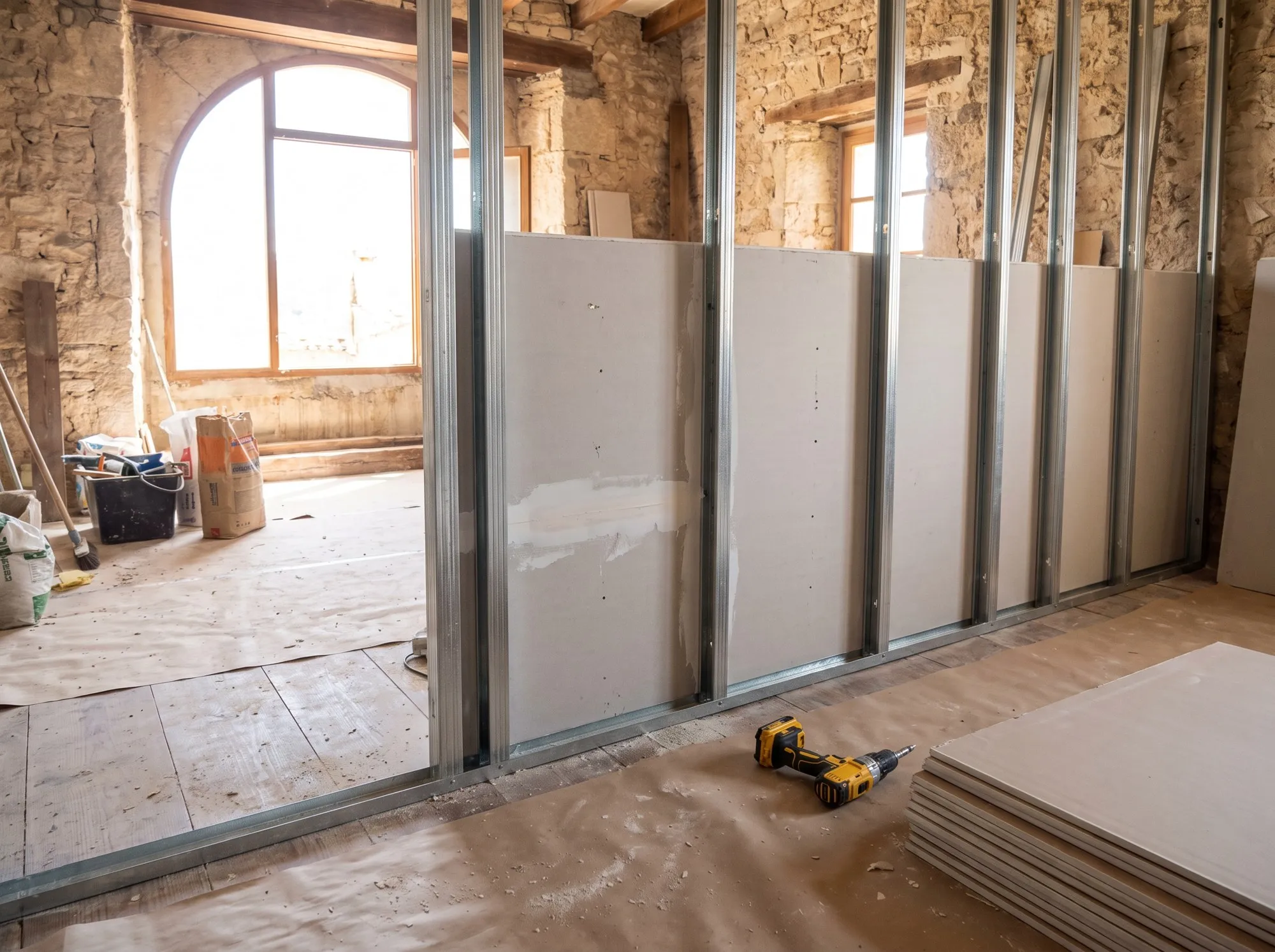 Cloison en plaques de plâtre sur ossature métallique en cours de pose