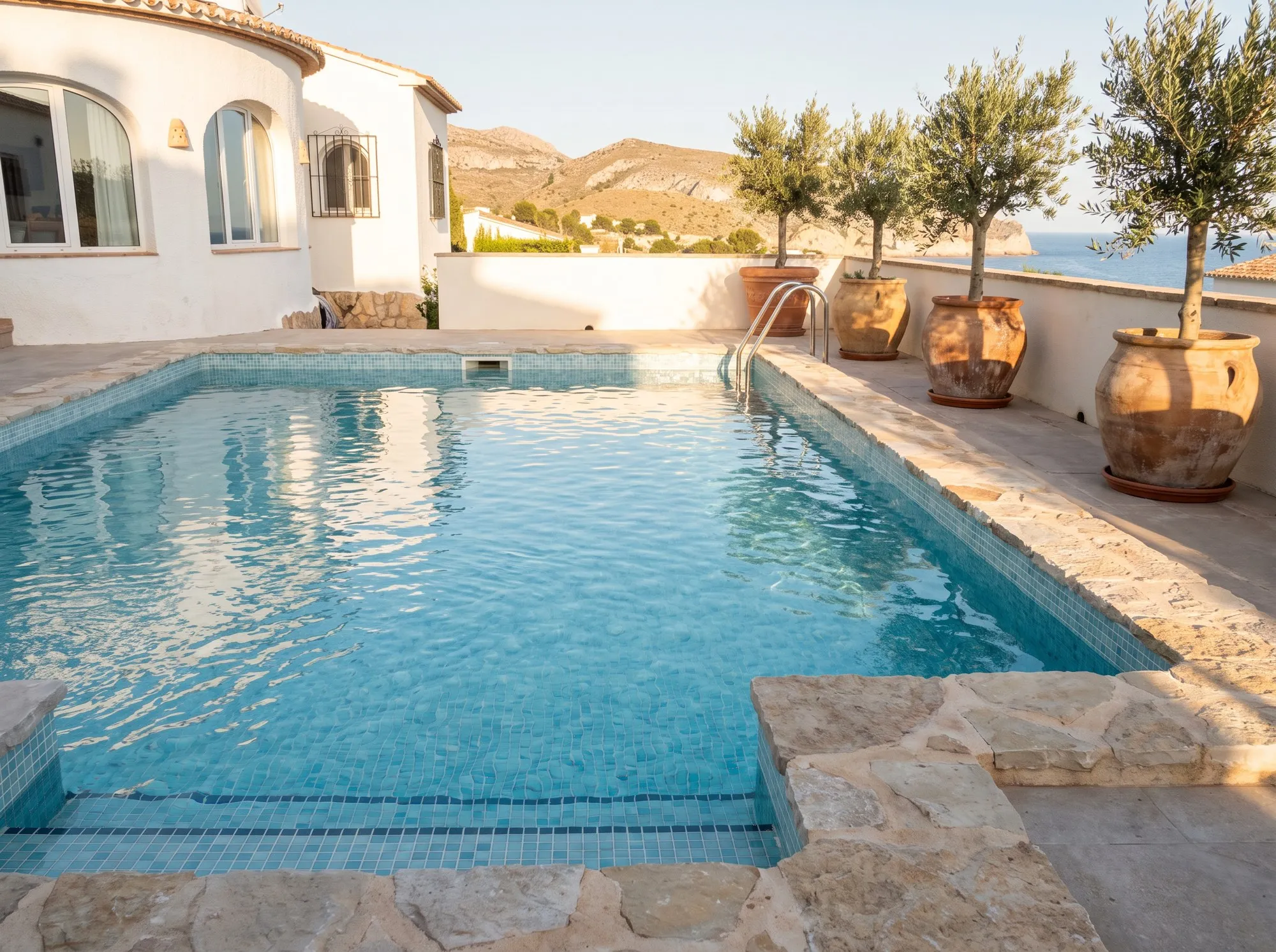 Piscine rénovée avec mosaïque bleu clair et margelle en pierre