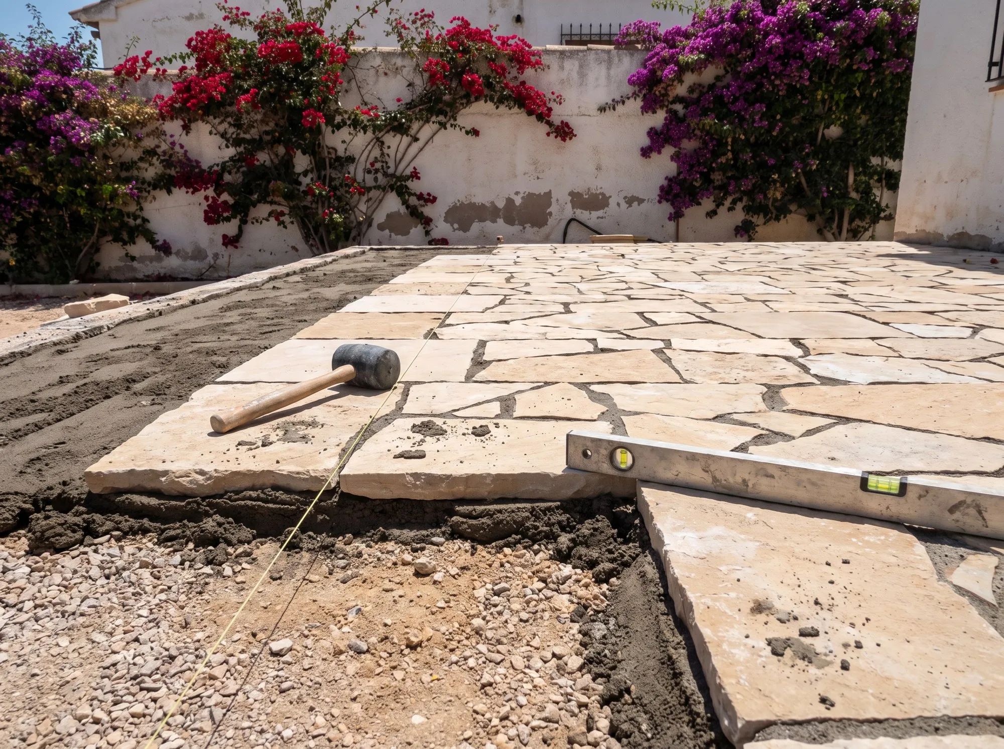 Dalles de pierre beige posées sur mortier, avec maillet et niveau sur la terrasse